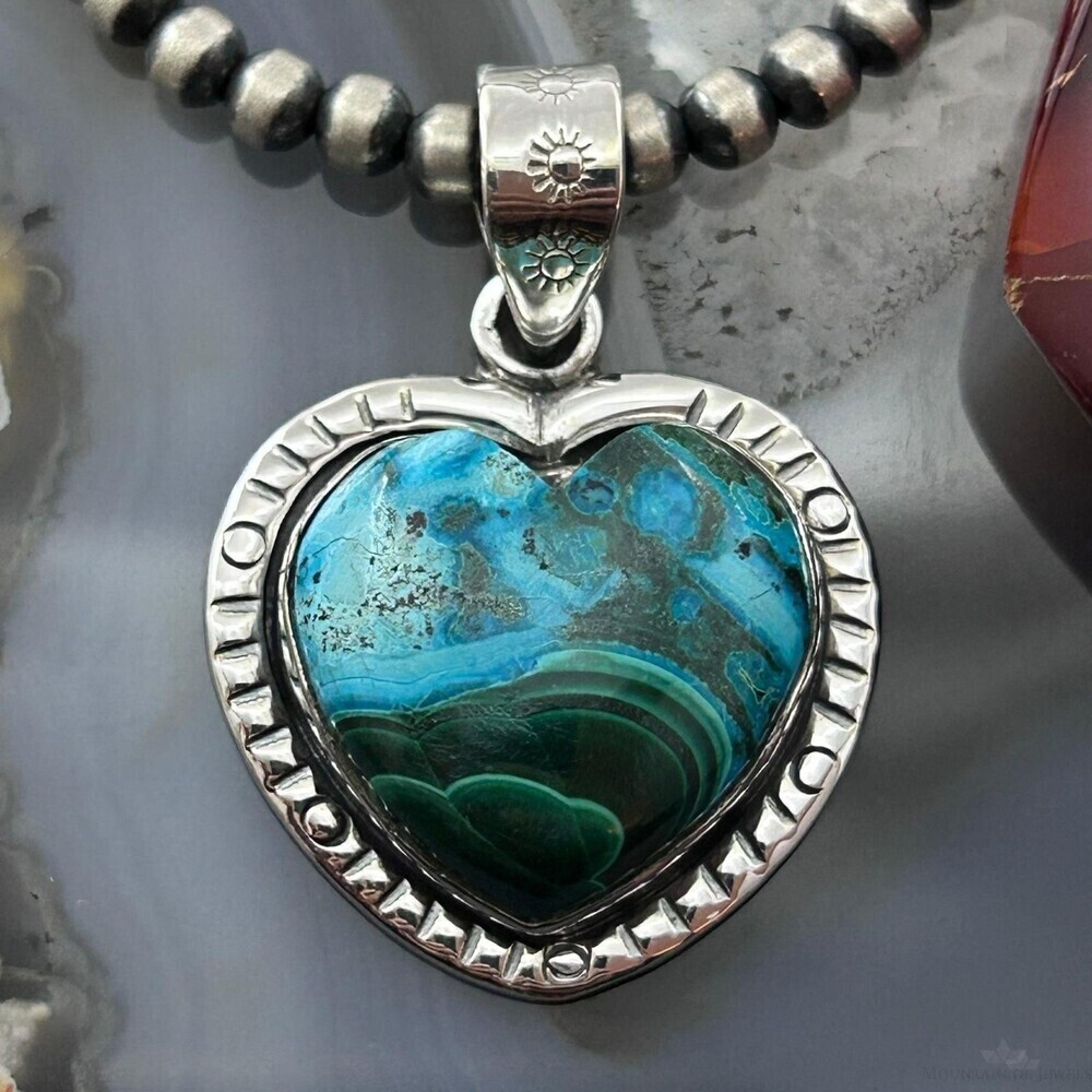 Sterling Southwestern Style Azurite Malachite Decorated Heart Pendant For Women